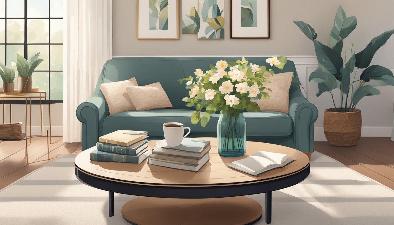 A round coffee table sits in the center of a cozy living room, adorned with a vase of fresh flowers and a stack of books