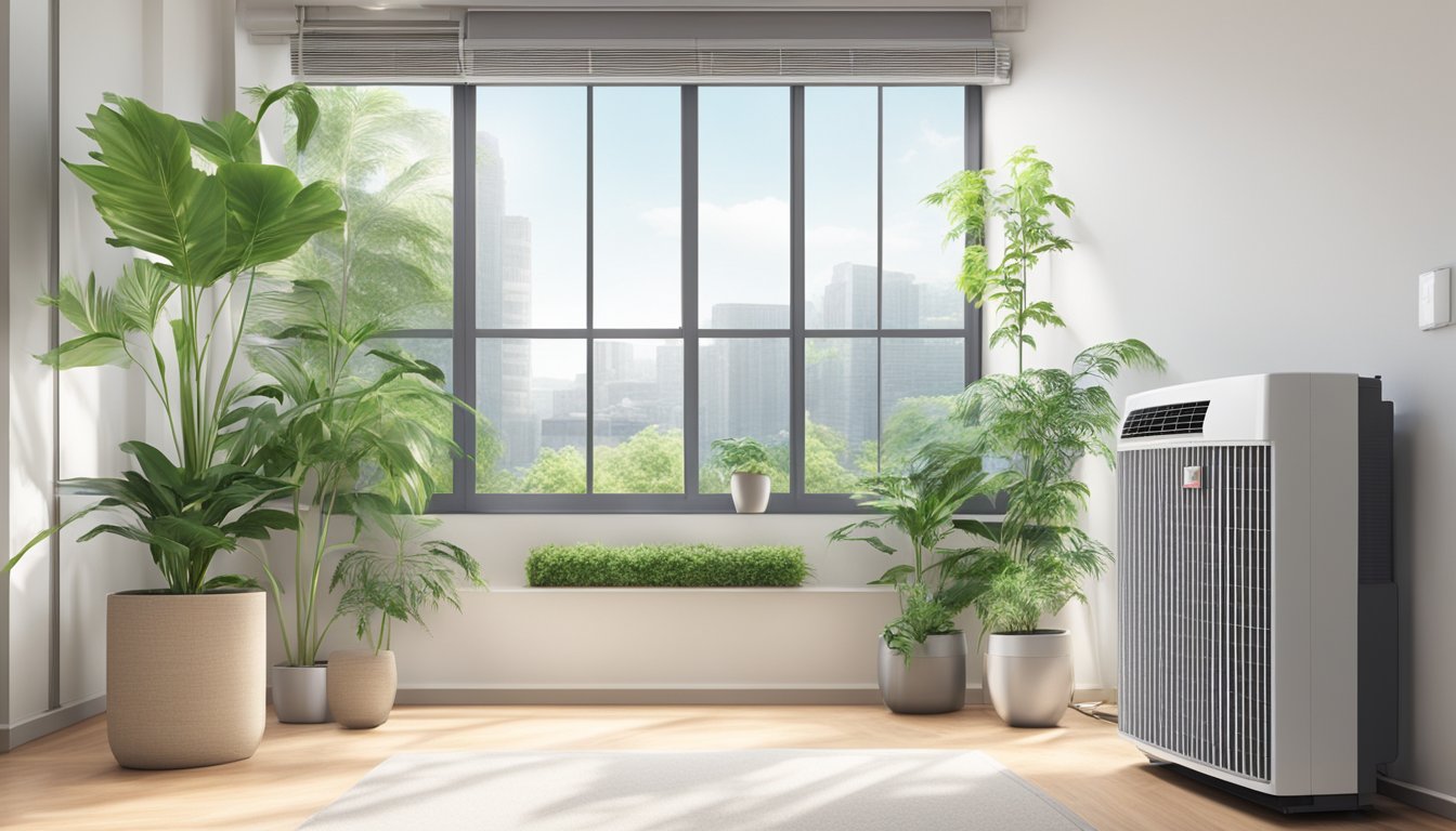 A modern Mitsubishi air conditioner is installed in a spacious, well-lit room with sleek furniture and plants, creating a comfortable and inviting environment for both residential and commercial spaces