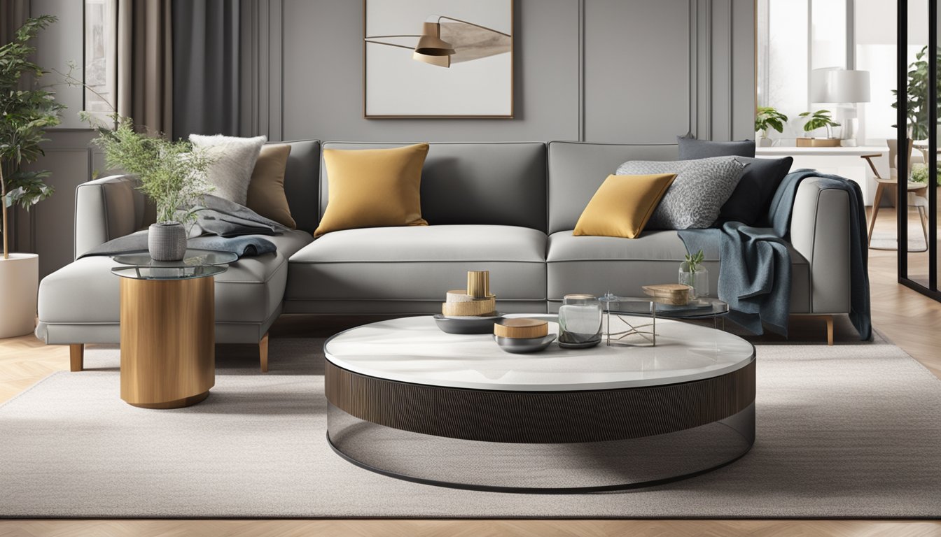 A round coffee table made of wood and metal, with a sleek design and a glass top, placed in a modern living room with a plush rug underneath