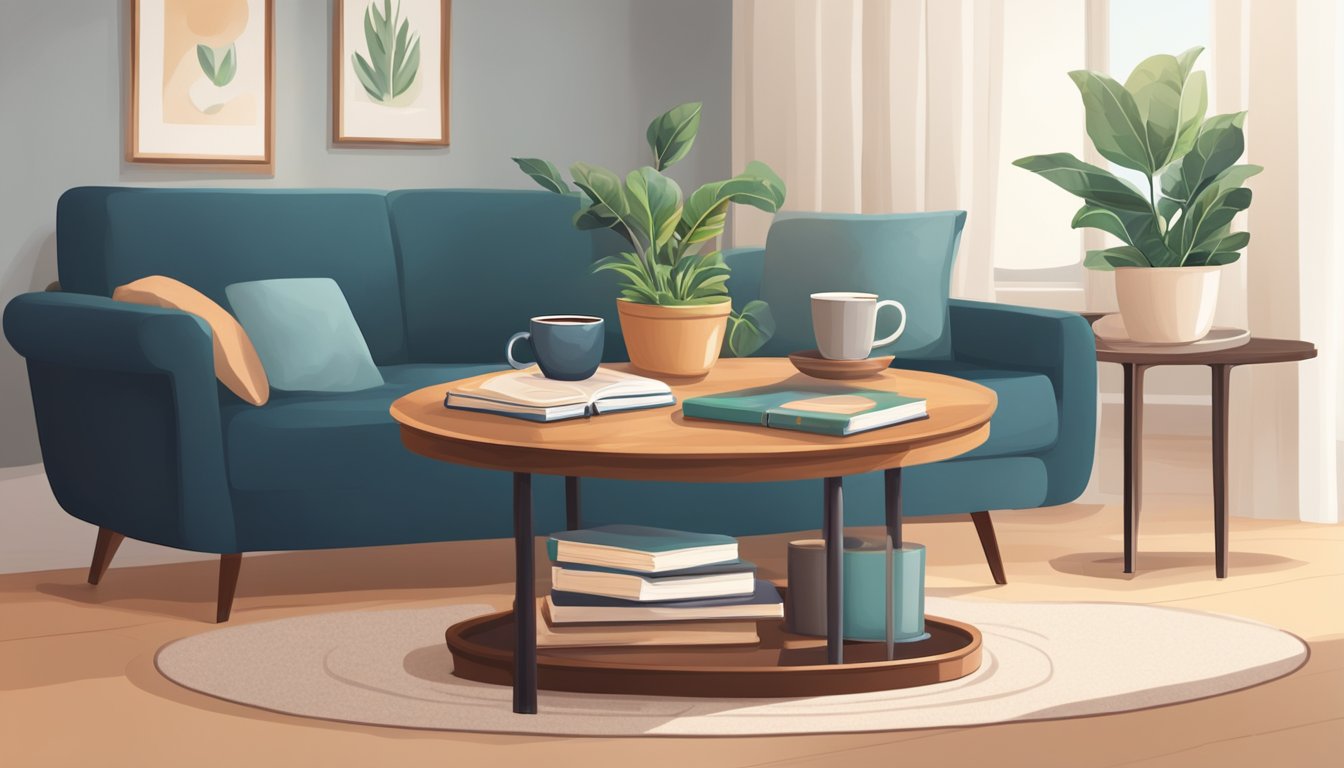 A round coffee table with books, a small potted plant, and a decorative tray with a mug and coaster. A nearby sofa and chair complete the cozy setting