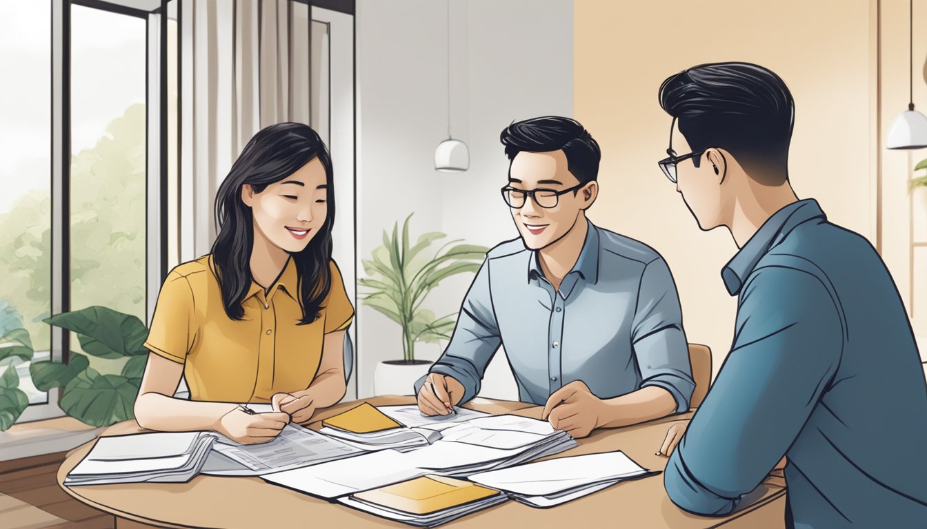 A couple sits at a table, reviewing brochures and discussing renovation plans with a Singapore renovation company representative