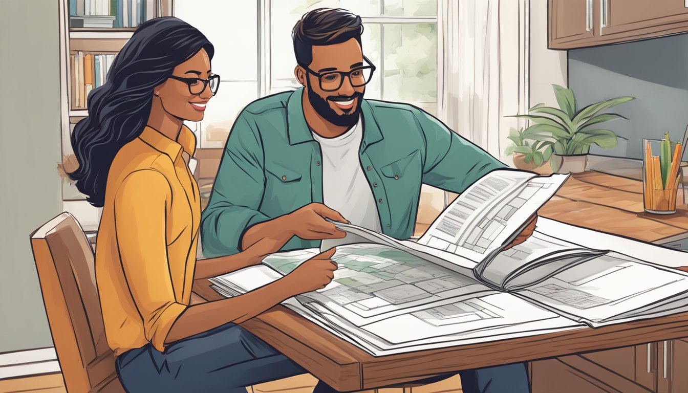 A couple discusses home renovation plans while flipping through budget-friendly design catalogs