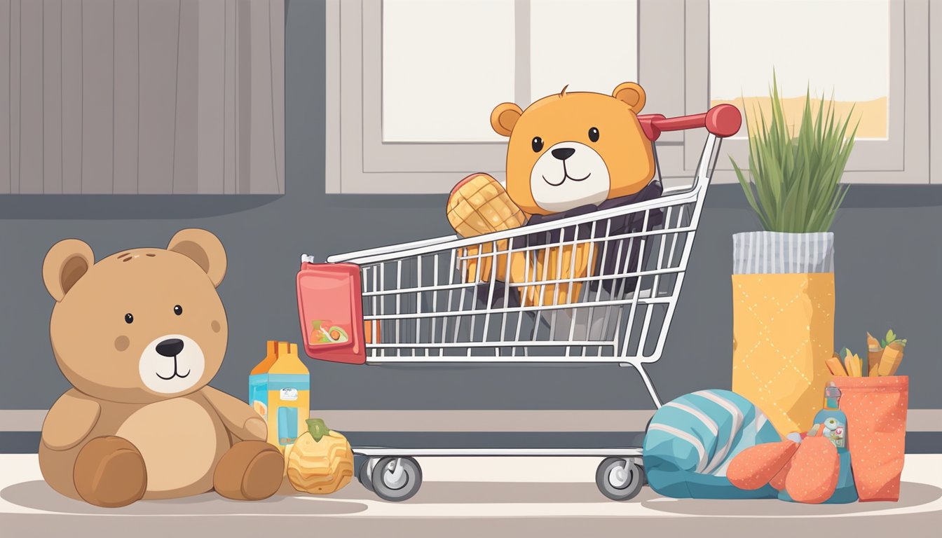 A shopping cart filled with groceries sits next to a neatly folded blanket and a plush stuffed animal, ready for a cozy bedtime routine