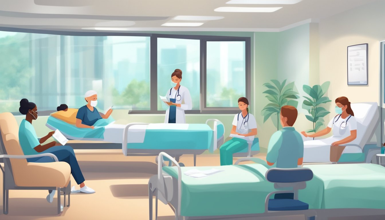 Patients reading FAQ sheet post-heart surgery. Nurse nearby for assistance. Bright hospital room with comfortable seating