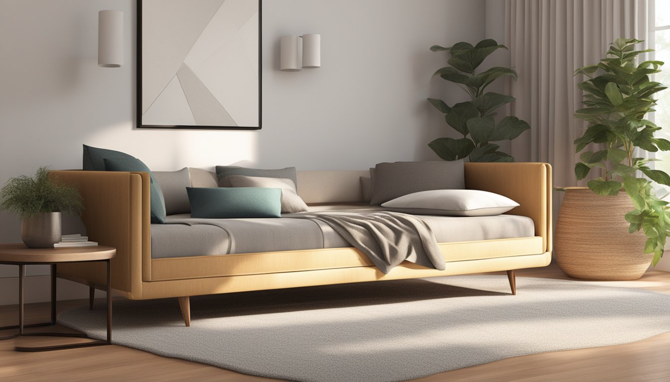 A sleek, modern day bed in a cozy living room, with soft pillows and a warm throw blanket. The room is bathed in natural light, creating a serene and inviting atmosphere
