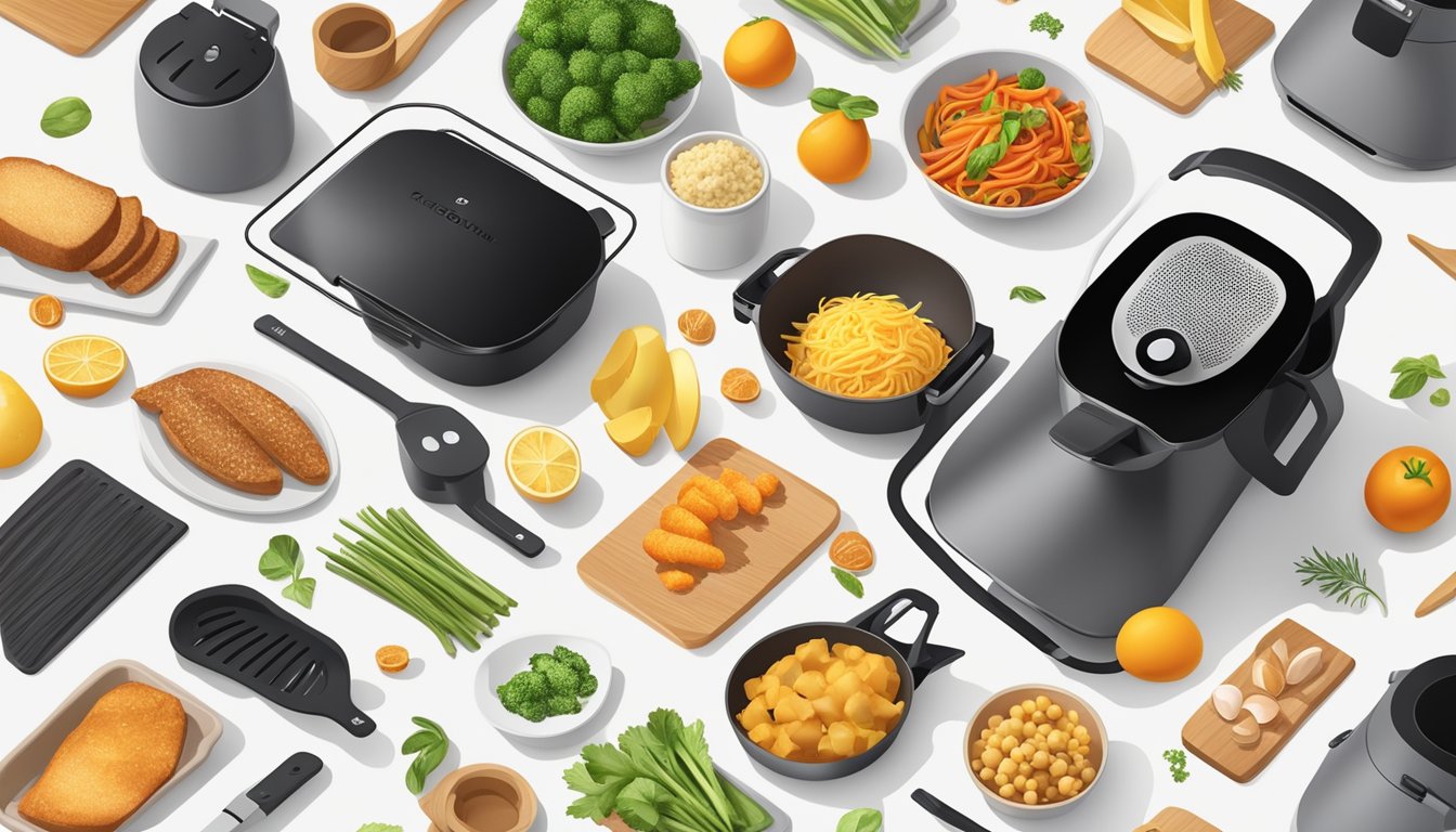 A modern kitchen countertop with a sleek and compact air fryer, surrounded by various fresh ingredients and cooking utensils