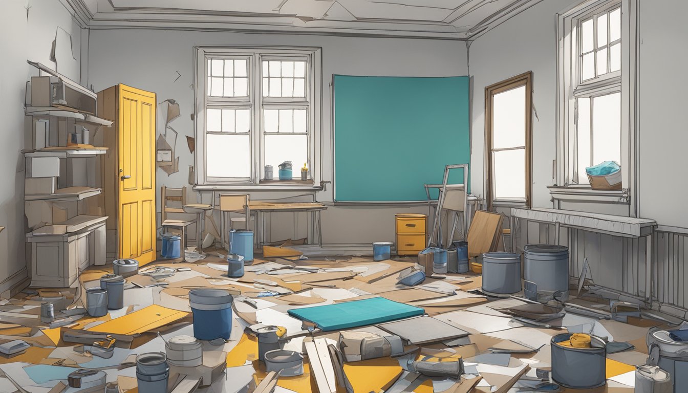 A room with tools, paint cans, and furniture in disarray. Walls are stripped, and floors are bare. Windows are covered with plastic