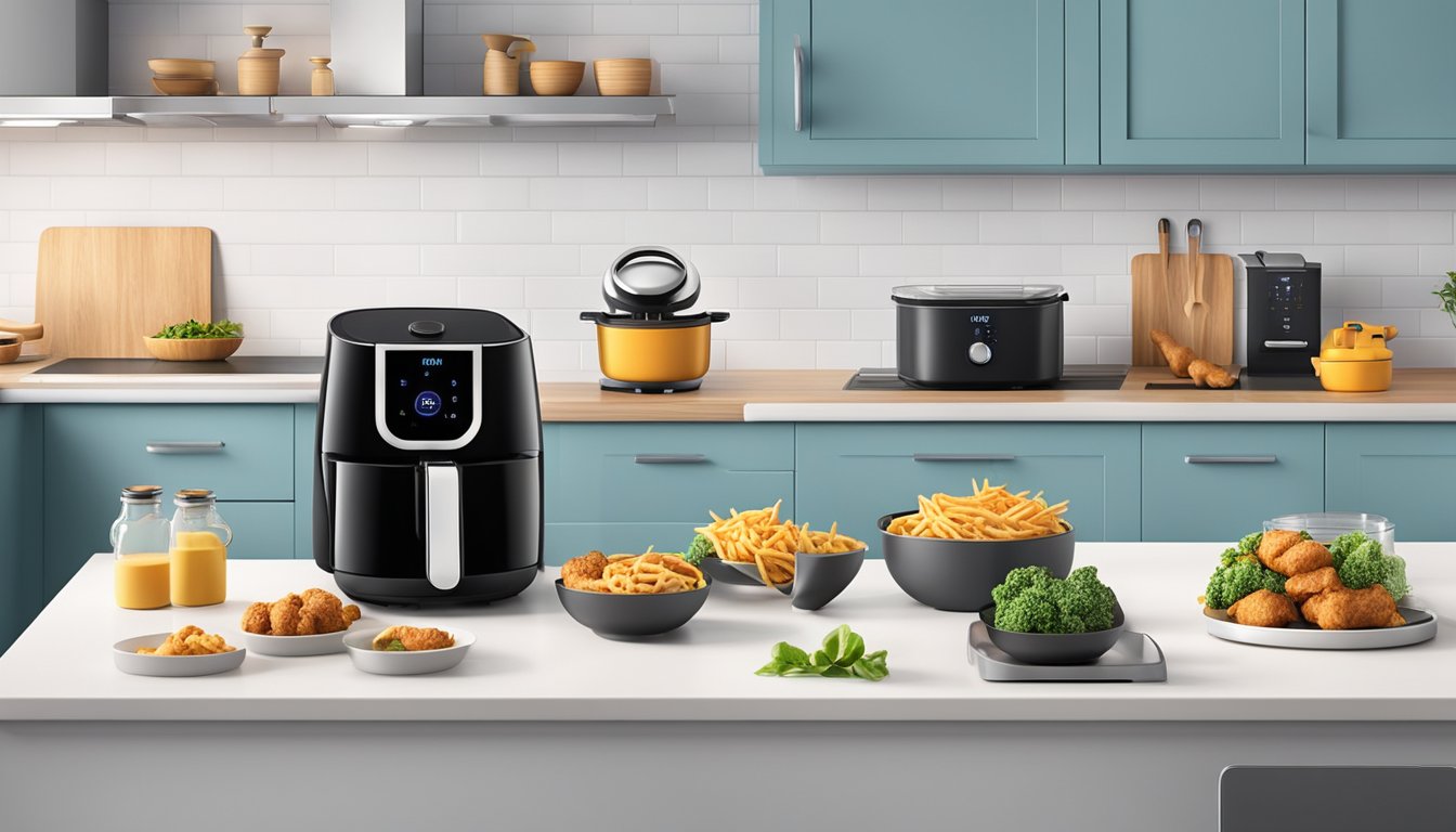 A kitchen countertop with various air fryer models on display, surrounded by modern kitchen appliances and utensils