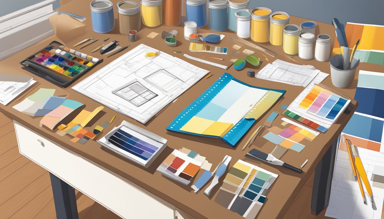 A room with measuring tape, paint swatches, and blueprints spread out on a table. Tools and materials are neatly organized nearby