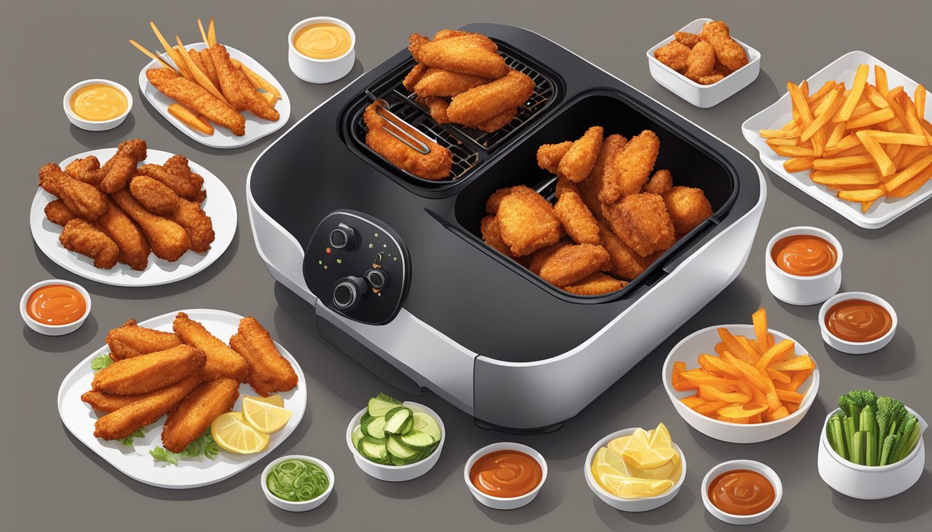 A sizzling array of golden brown fries, crispy chicken wings, and perfectly roasted vegetables emerge from the sleek, modern air fryer