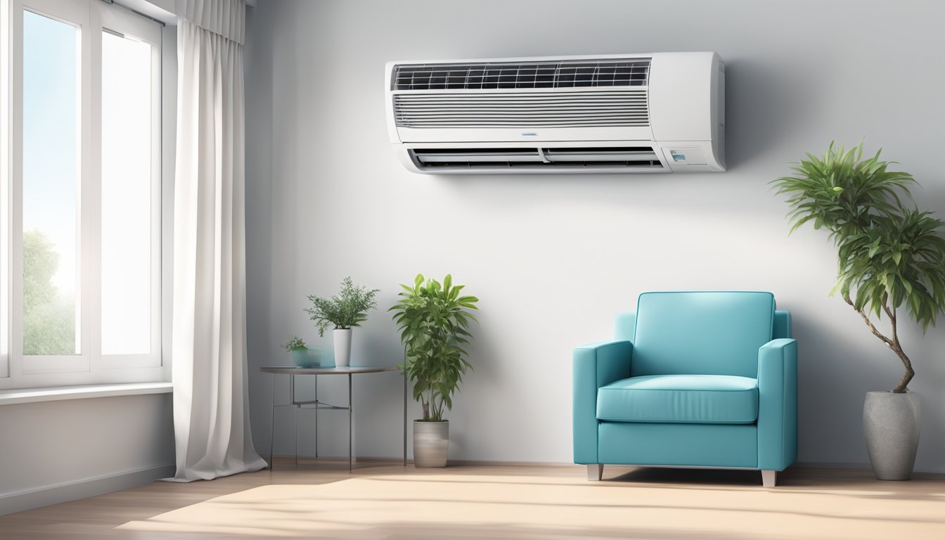 A Daikin air conditioner mounted on a white wall, with cool air flowing out and gently moving the surrounding curtains