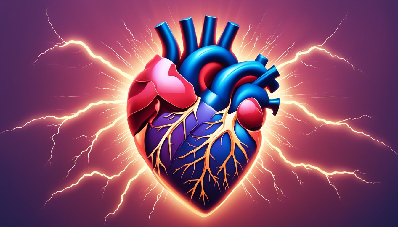 A heart-shaped organ surrounded by jagged lightning bolts, symbolizing the sudden and deadly nature of a heart attack