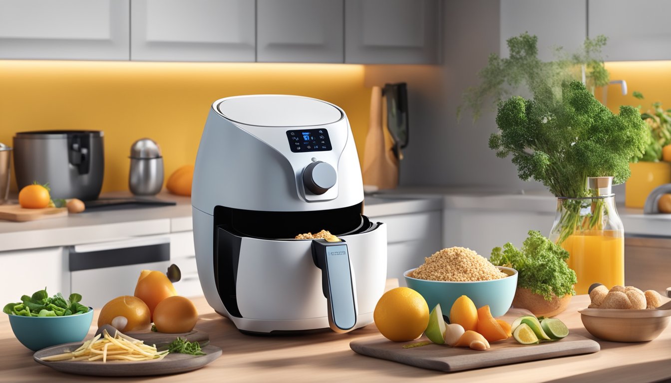 A modern kitchen countertop with a sleek air fryer, surrounded by various ingredients and a recipe book, with a bright and inviting atmosphere