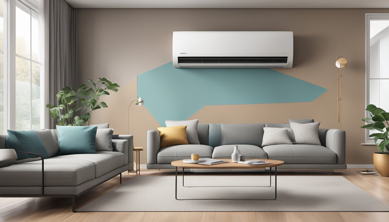 A sleek Daikin air conditioner hums quietly, surrounded by a modern living room with clean lines and minimalistic decor