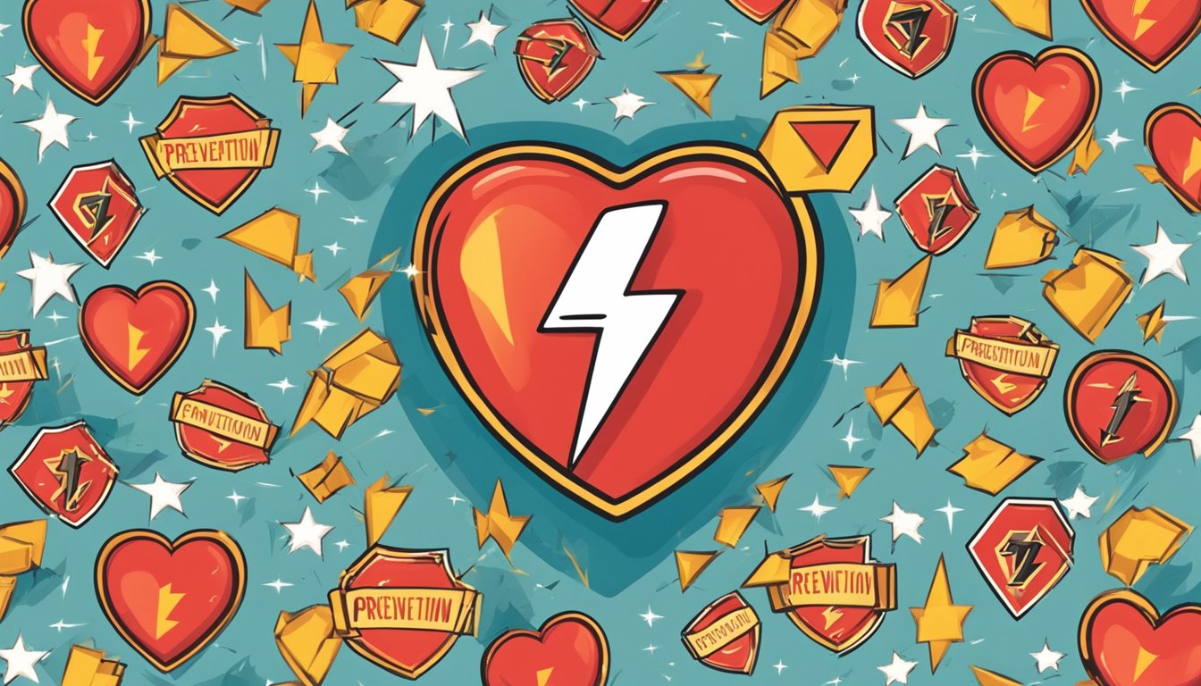 A red heart with a lightning bolt through it, surrounded by caution signs and a shield with the word "prevention" on it