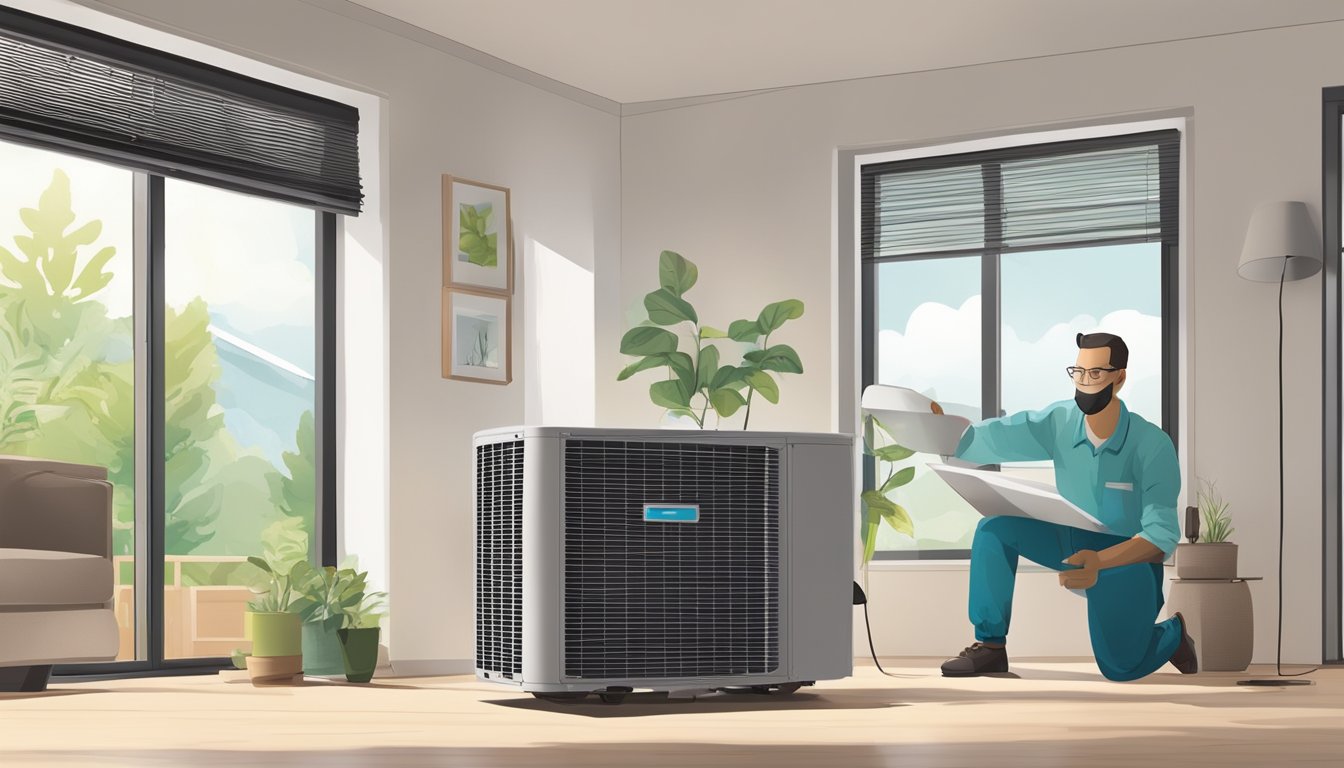 A Daikin air conditioner is being installed by a technician in a modern, eco-friendly home, with a focus on customer satisfaction and sustainable energy use