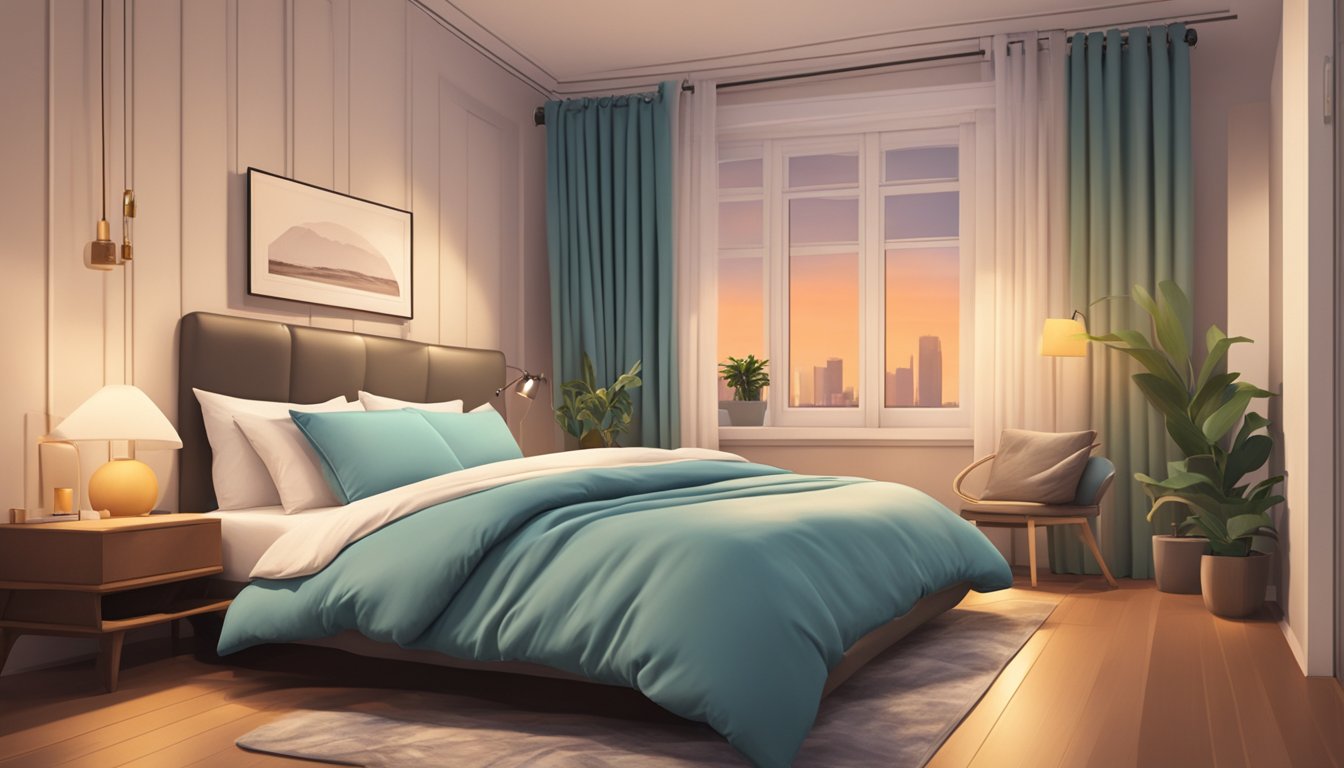 A queen size bed in a cozy Singapore bedroom, with soft pillows and a duvet, against a backdrop of warm, inviting colors