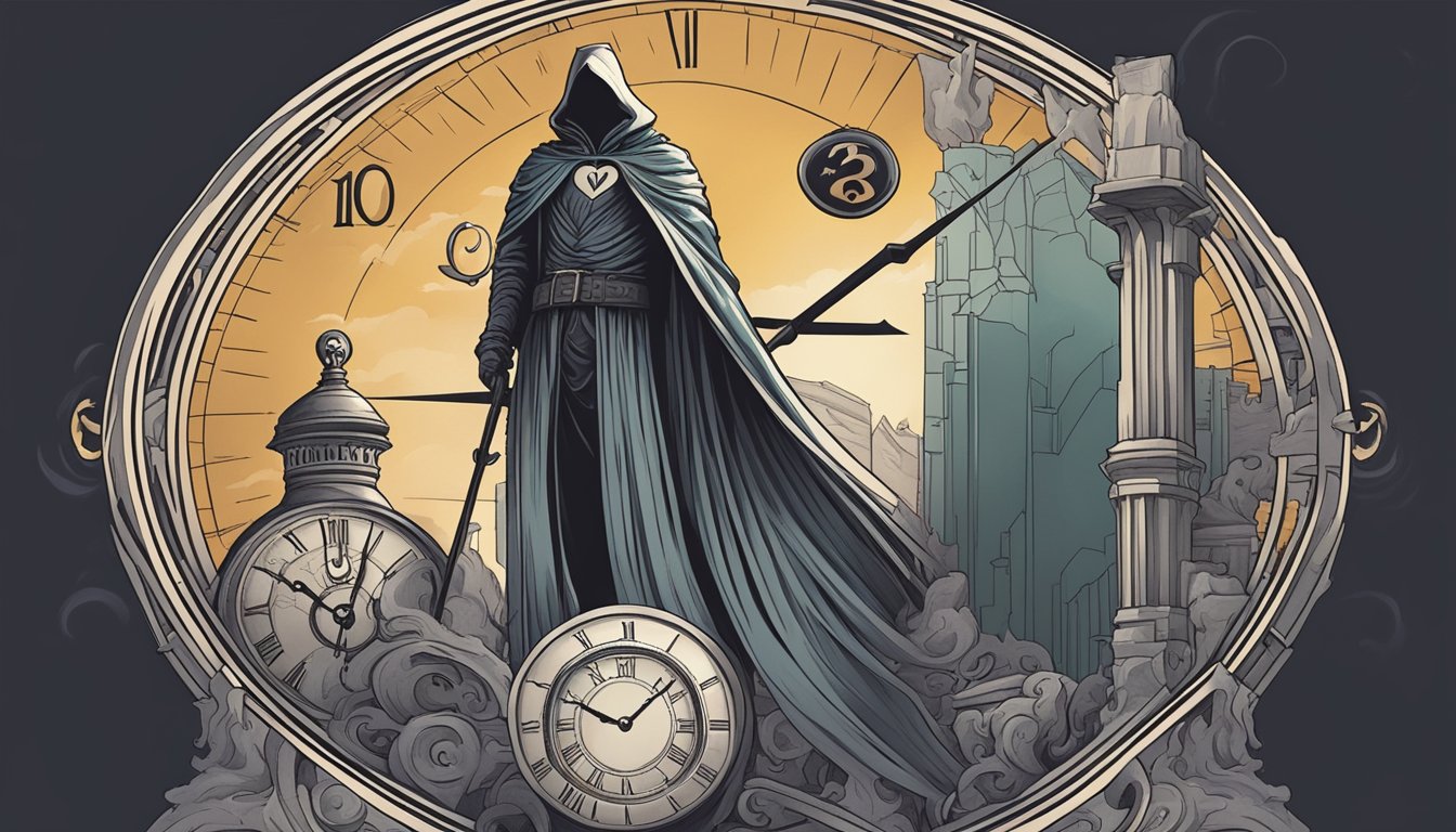 A heart with jagged lines and a question mark hovering above, surrounded by a clock and a grim reaper figure