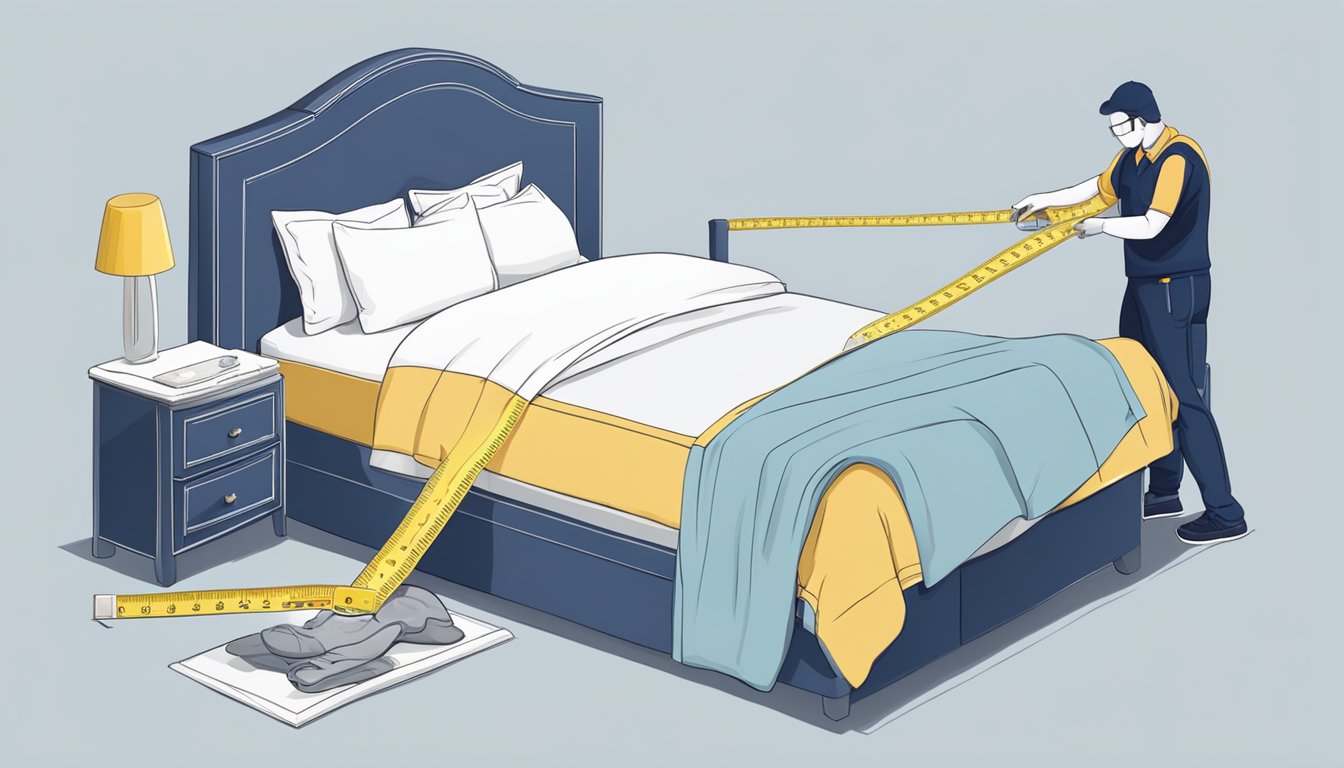A person measures a queen size bed with a tape measure