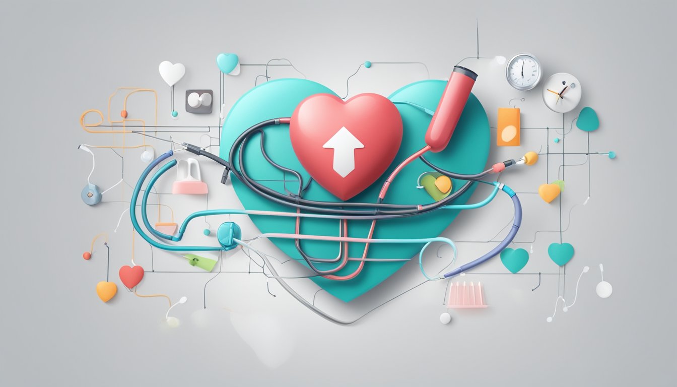 A question mark hovering over a heart symbol, surrounded by pulsing lines and medical equipment