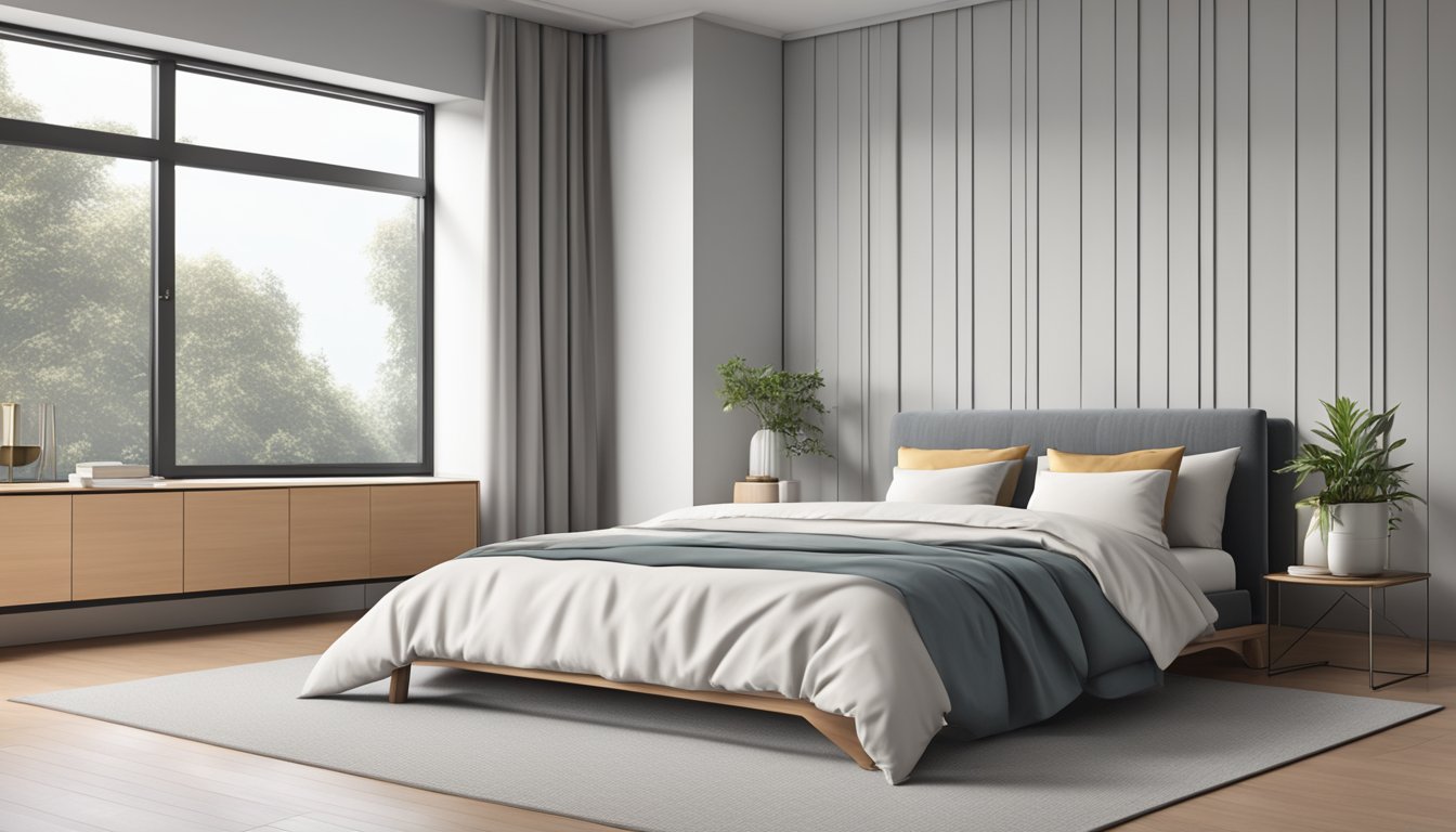 A queen size bed with pillows and a duvet, set against a backdrop of a modern bedroom with clean lines and minimalistic decor