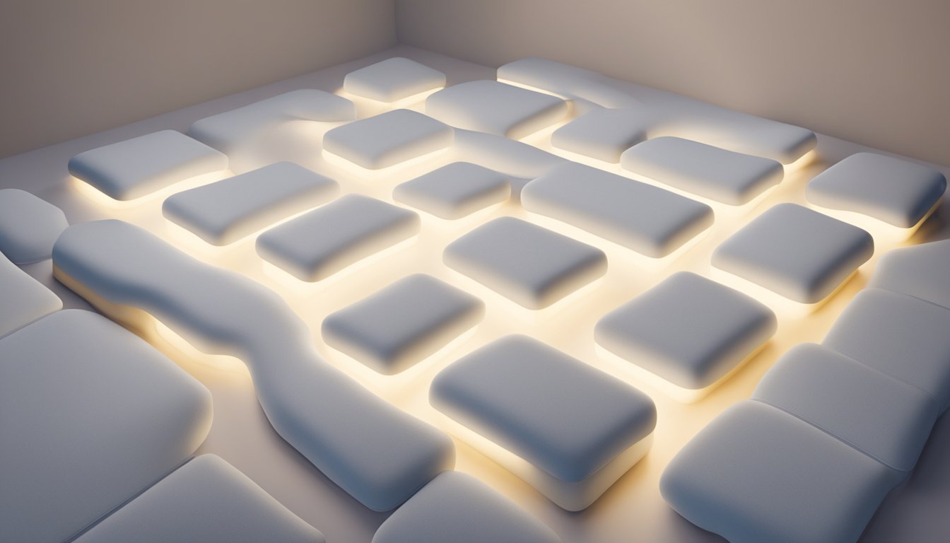 A memory foam mattress surrounded by question marks, with a spotlight shining on it