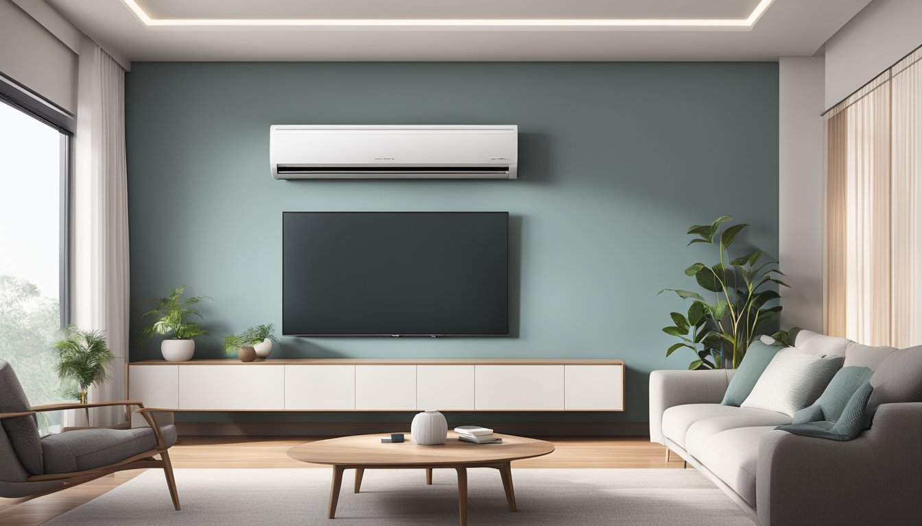 A sleek Mitsubishi air conditioning unit installed in a modern Singaporean living room, with clean lines and a minimalist design