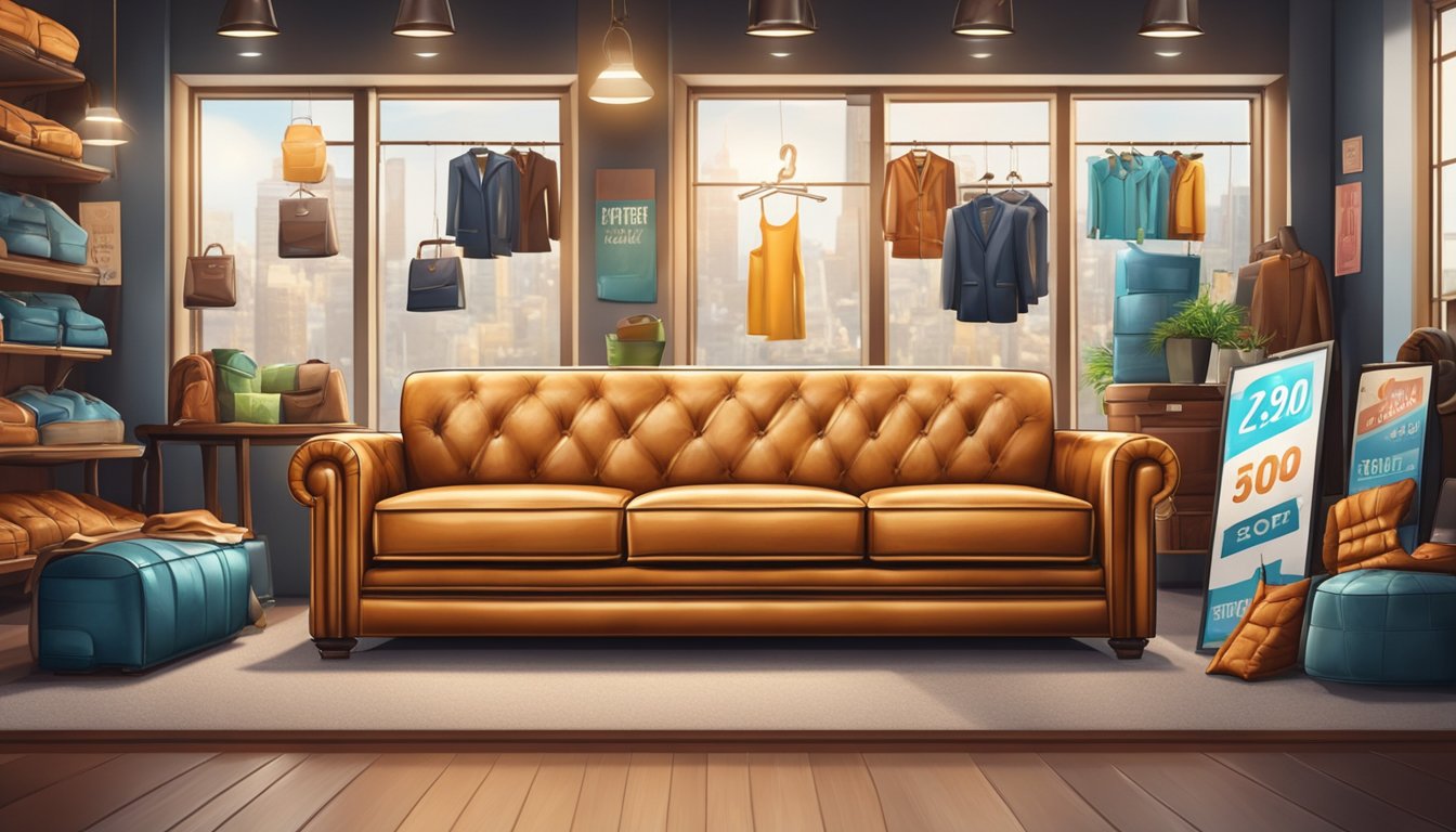 A leather sofa sits in a well-lit showroom, surrounded by price tags and promotional signs for a sale