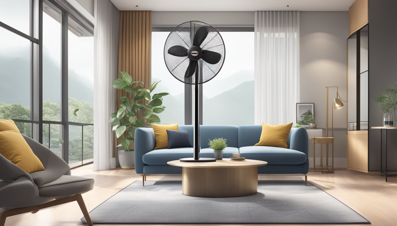 A standing fan in a modern Singaporean living room, with sleek design and oscillating motion