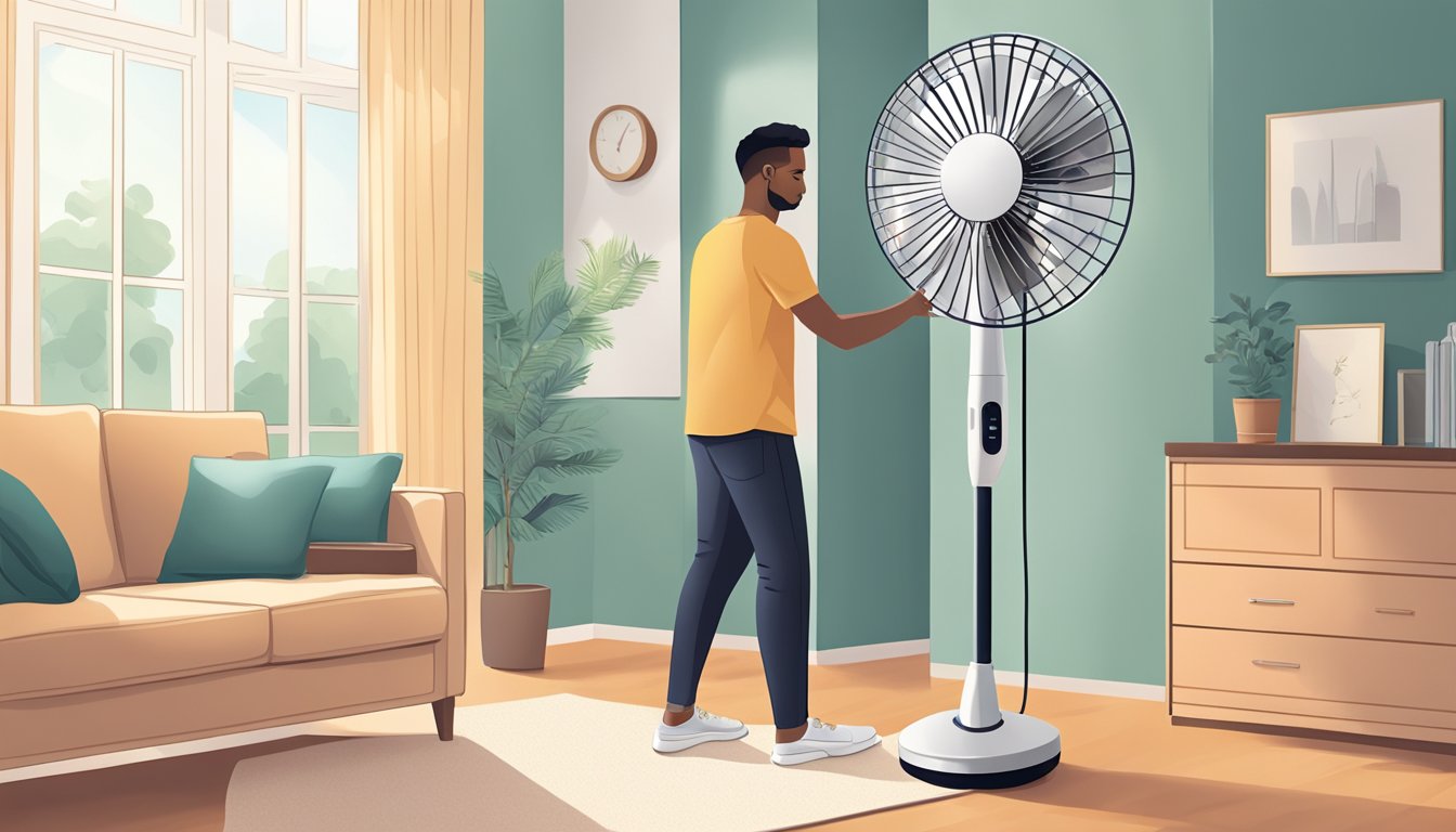 A person reaching out to adjust the height and angle of a sleek standing fan in a well-lit room