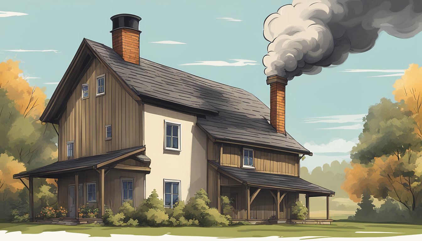Smoke billows from the chimney hood, rising into the sky against a backdrop of a rustic, countryside home