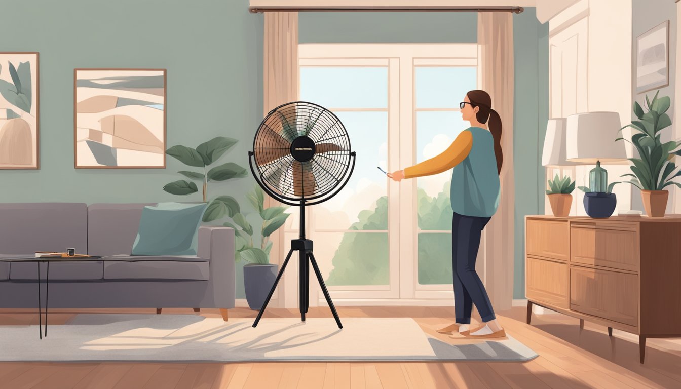 A person adjusting the height and direction of a standing fan in a cozy living room, with a remote control in hand