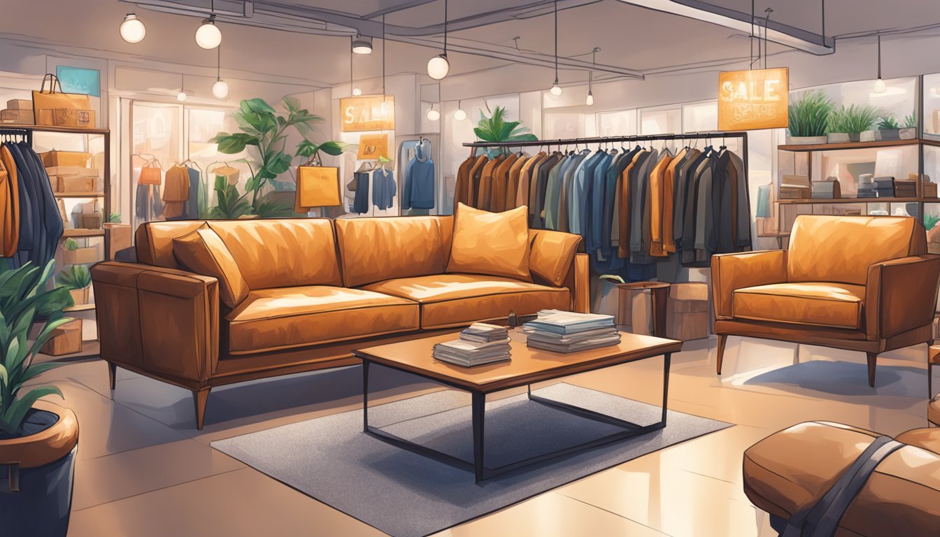A cozy leather sofa sits in a well-lit showroom, surrounded by price tags and sale signs. Shoppers browse the selection, admiring the quality and value