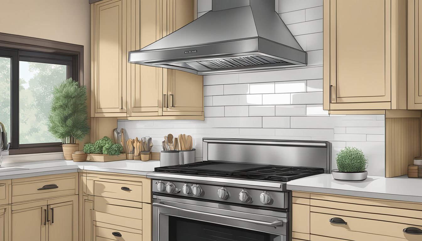 A hand reaches out to adjust a sleek, stainless steel chimney hood above a modern stove, with soft lighting highlighting the clean lines and elegant design