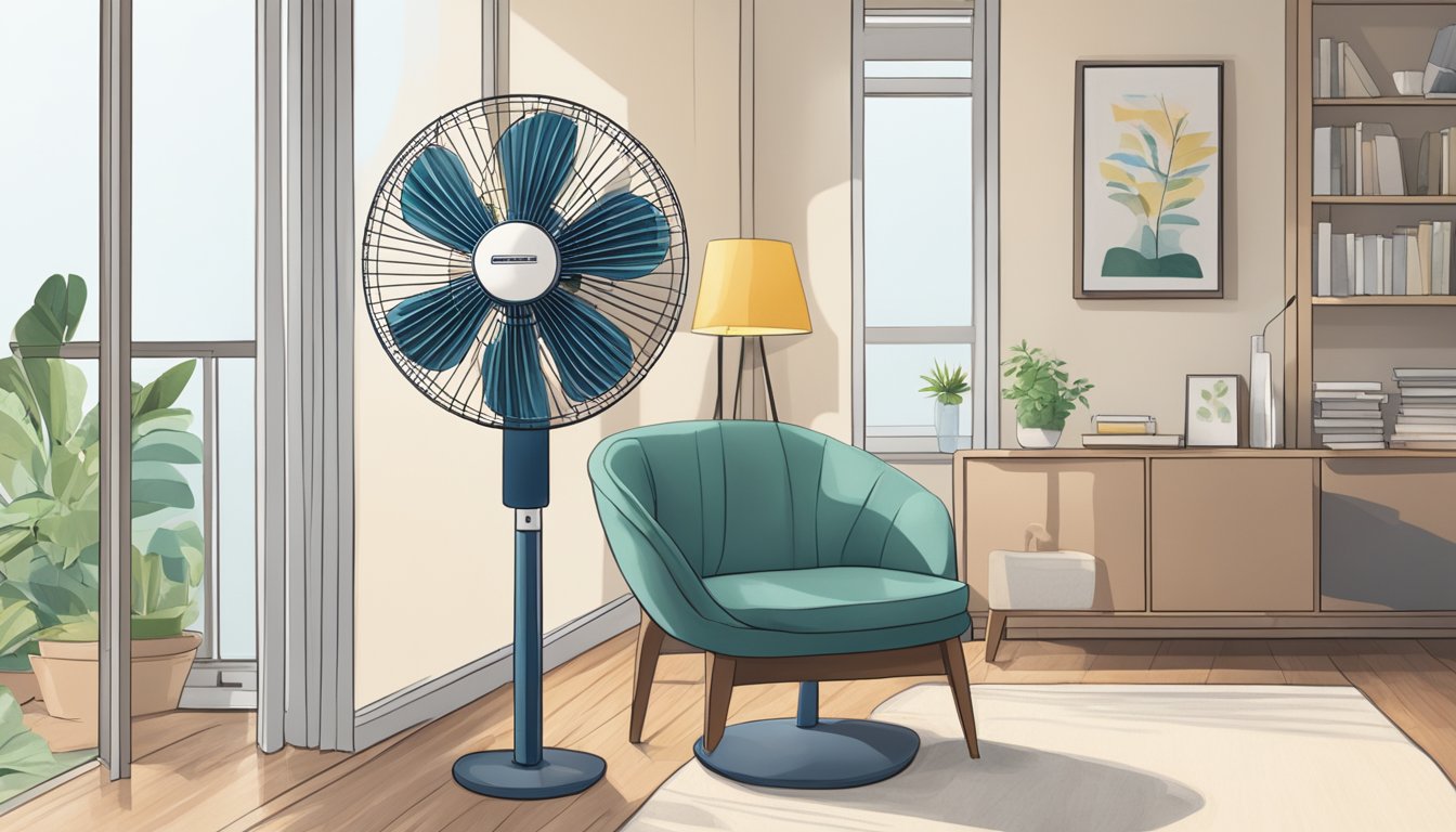 A standing fan in a modern Singaporean home, with FAQ booklet nearby