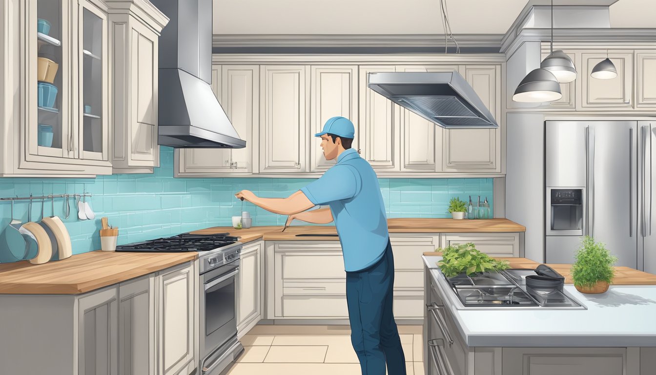 A technician installs and maintains a chimney hood, attaching it to a kitchen wall and connecting the ventilation system