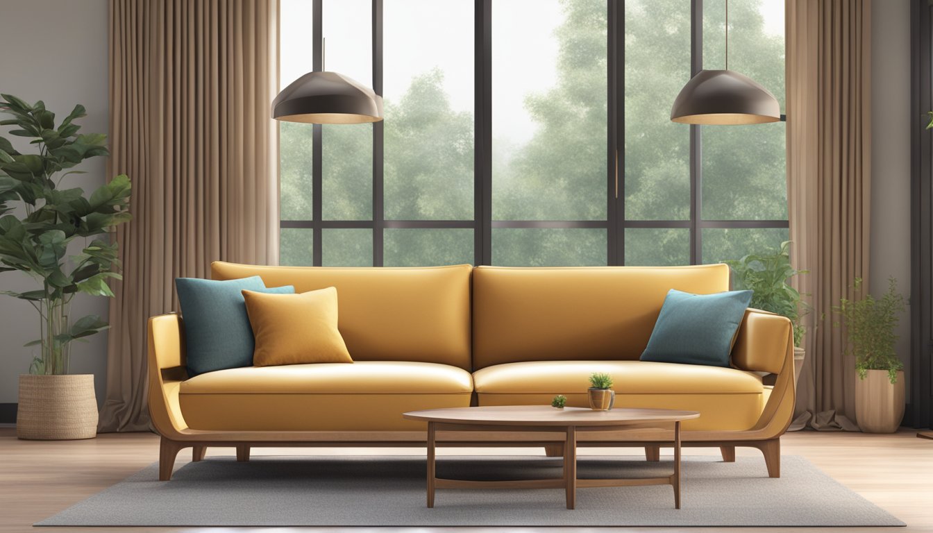 A wooden sofa in a modern living room, with a sleek design and comfortable cushions. The sofa is placed in front of a large window, allowing natural light to fill the room