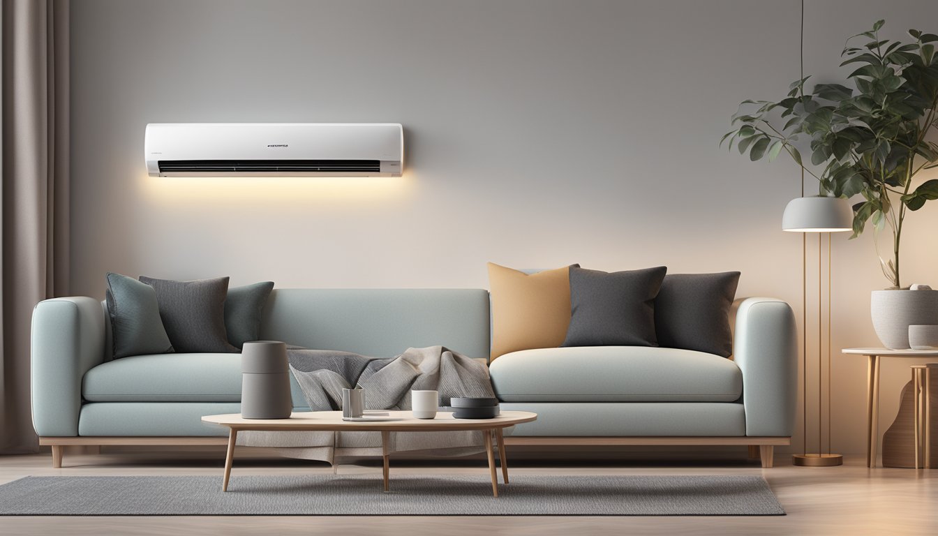 A sleek Europace air conditioner unit sits on a modern living room wall, surrounded by minimalist decor and soft ambient lighting