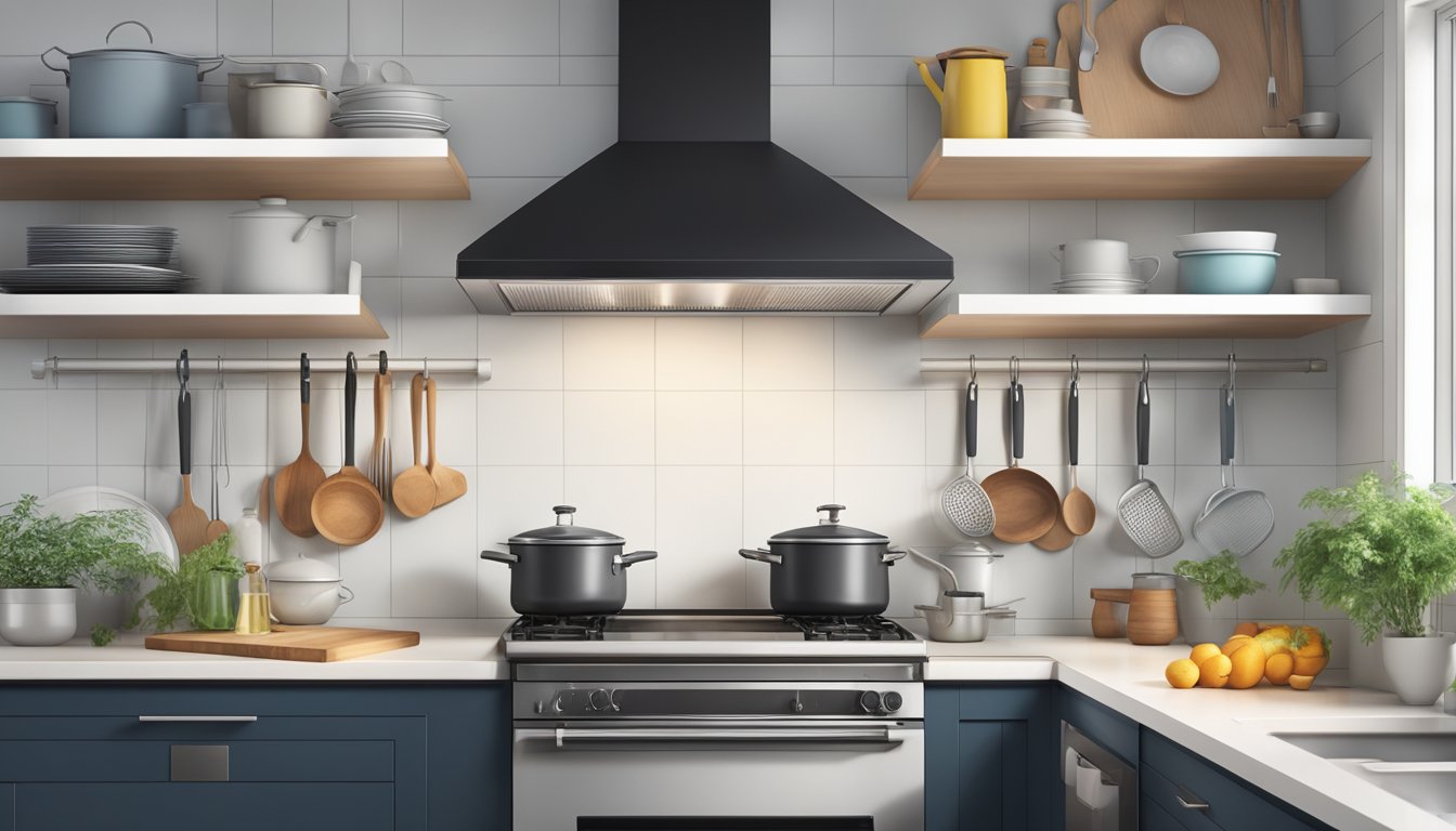 A sleek chimney hood hovers above a modern kitchen stove, with steam rising from a pot and utensils neatly hanging nearby