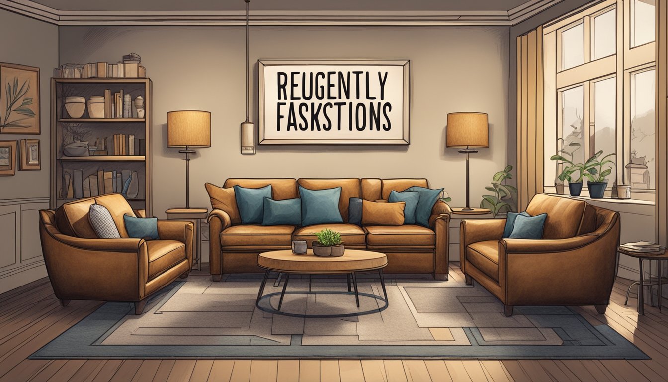 A leather sofa surrounded by curious customers, with a sign reading "Frequently Asked Questions" above it