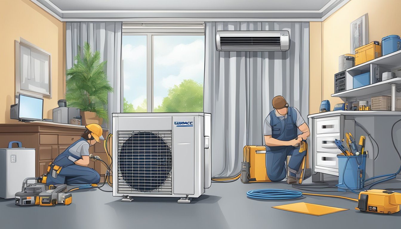 A technician installs and maintains a Europace air conditioner unit in a room with tools and equipment scattered around