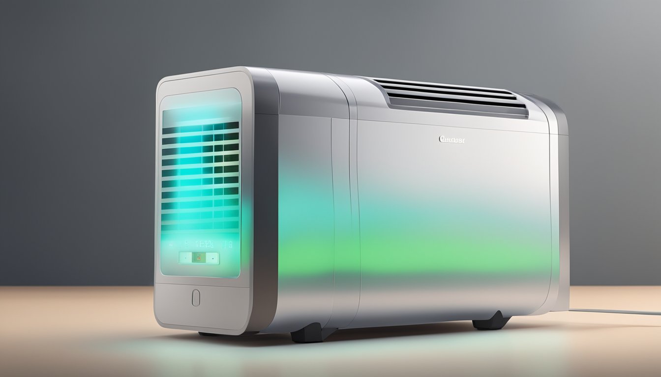 A modern, sleek dehumidifier sits in a dimly lit room, quietly removing moisture from the air. Its digital display shows the current humidity level, while a soft glow emanates from its control panel