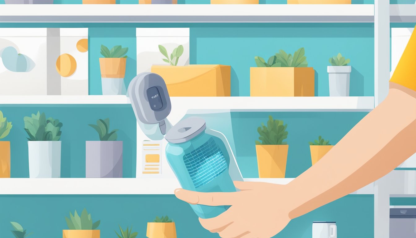 A hand reaches for a sleek dehumidifier on a store shelf. Bright, clean packaging catches the eye, promising the perfect solution for a humid home