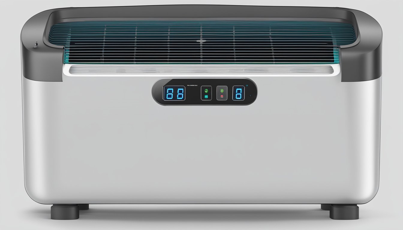 A dehumidifier hums while removing moisture from the air. A digital display shows current settings. An attached hose drains excess water