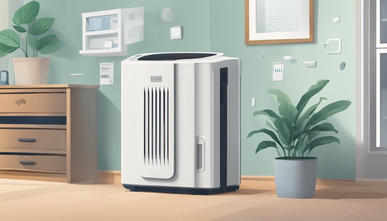 A dehumidifier sits prominently, surrounded by question marks and a list of frequently asked questions