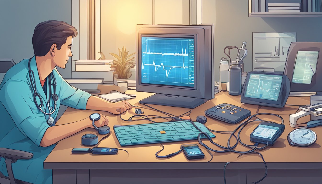A heart rate monitor displaying a low reading, surrounded by medical equipment and a puzzled doctor