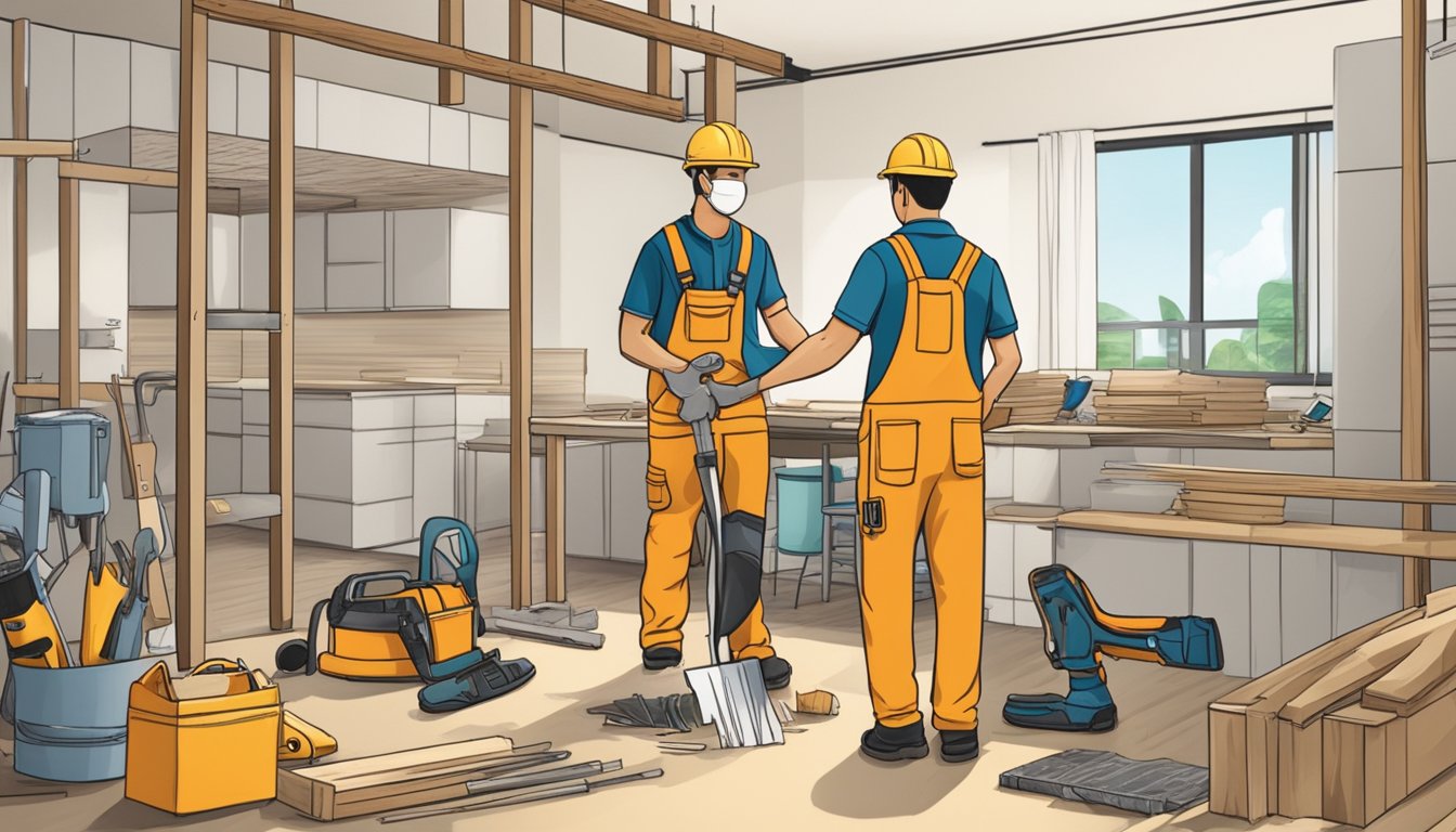 A construction worker renovates a Singaporean home, surrounded by tools and materials. A sign reads "Frequently Asked Questions: Renovation Cost Singapore."