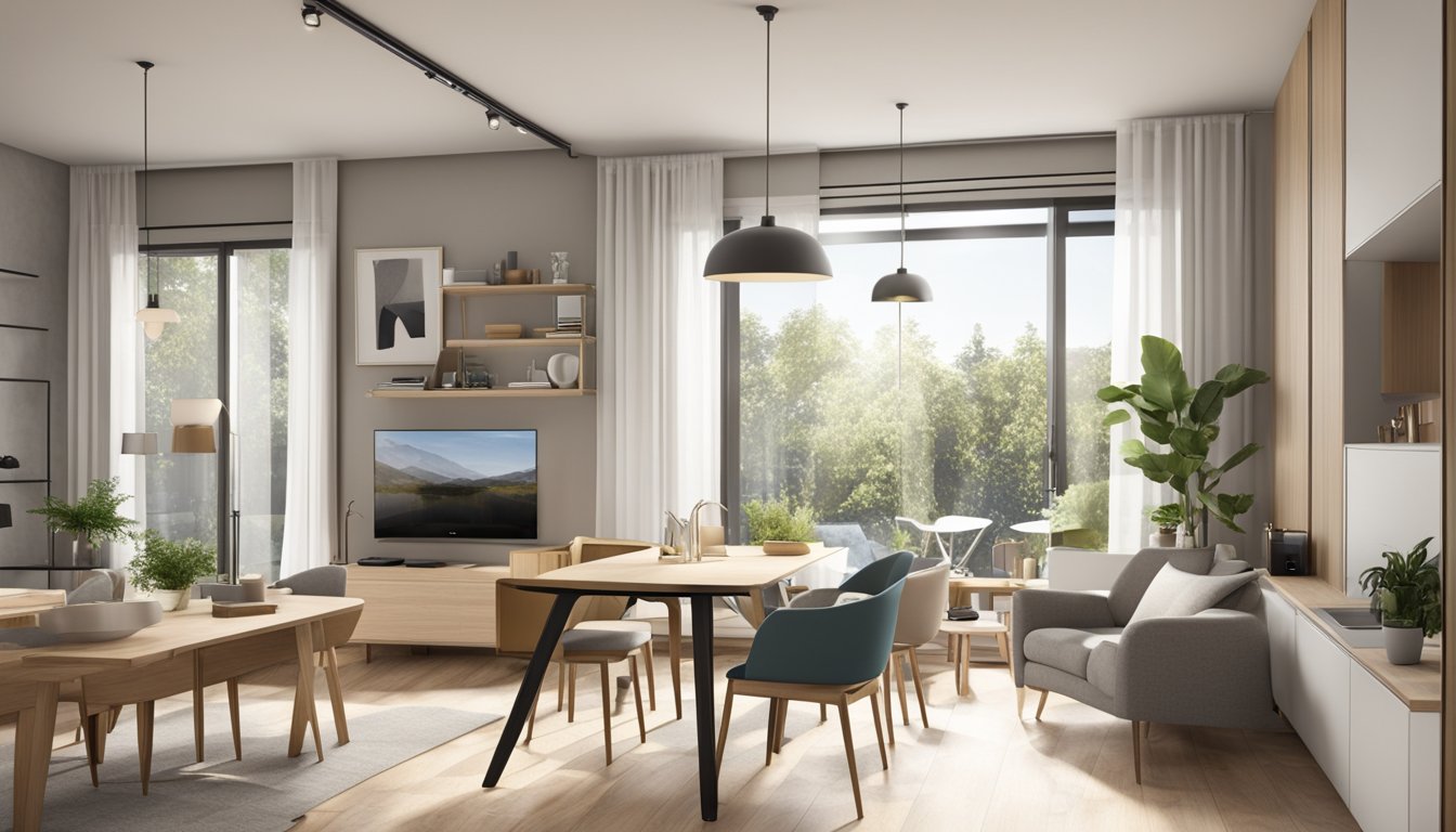 A 2-room flexi flat with open floor plan, modern furniture, and neutral color scheme. One room serves as a living area, while the other is a flexible space for dining or work