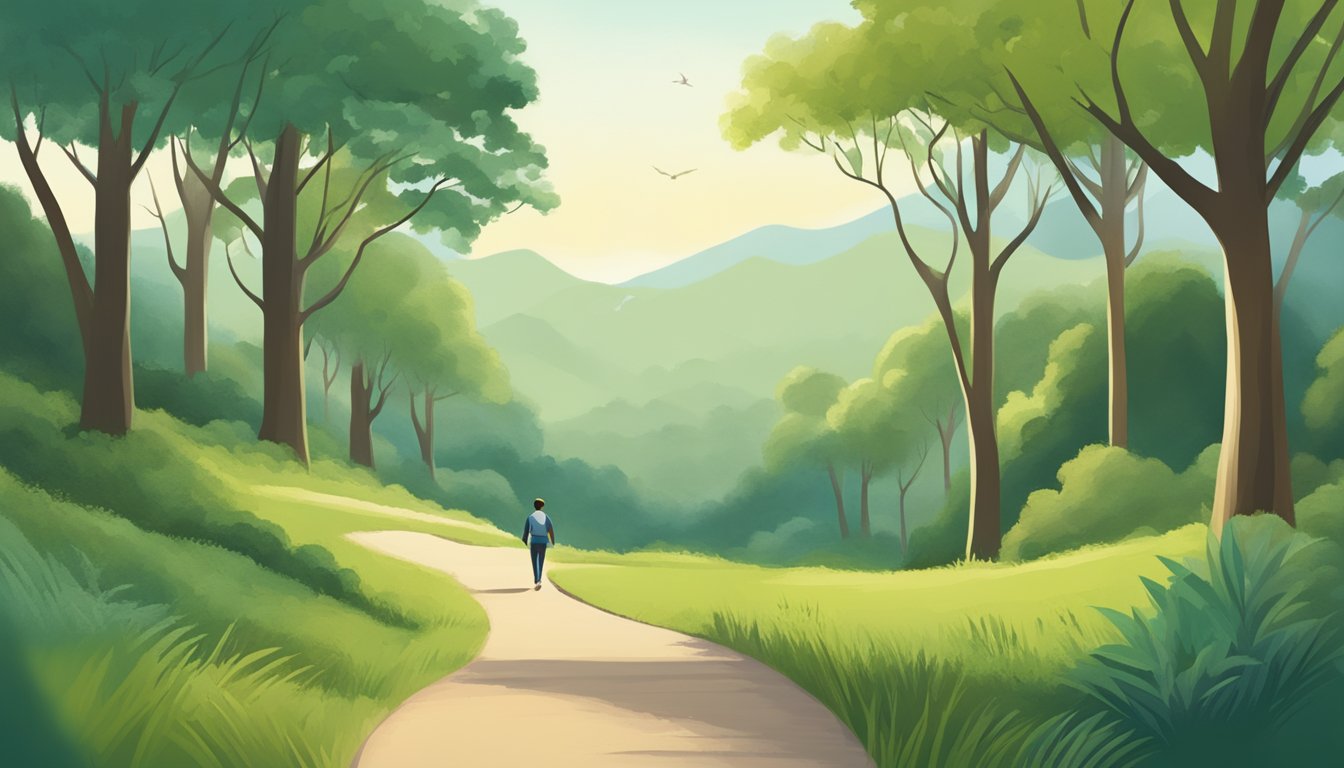 A person walking briskly on a scenic trail, surrounded by greenery and fresh air, with a clear pathway leading to a healthy heart symbol
