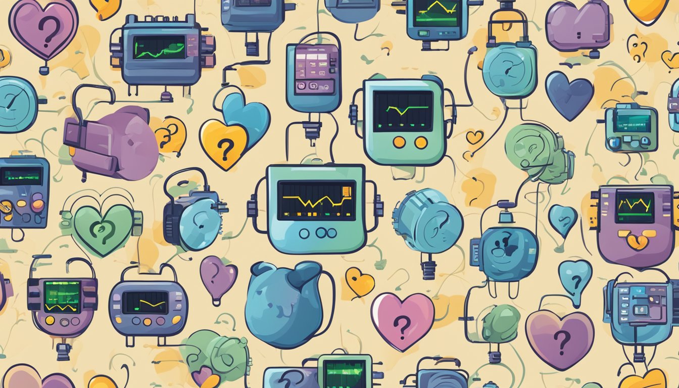 A heart rate monitor displaying a low number, surrounded by question marks and puzzled expressions